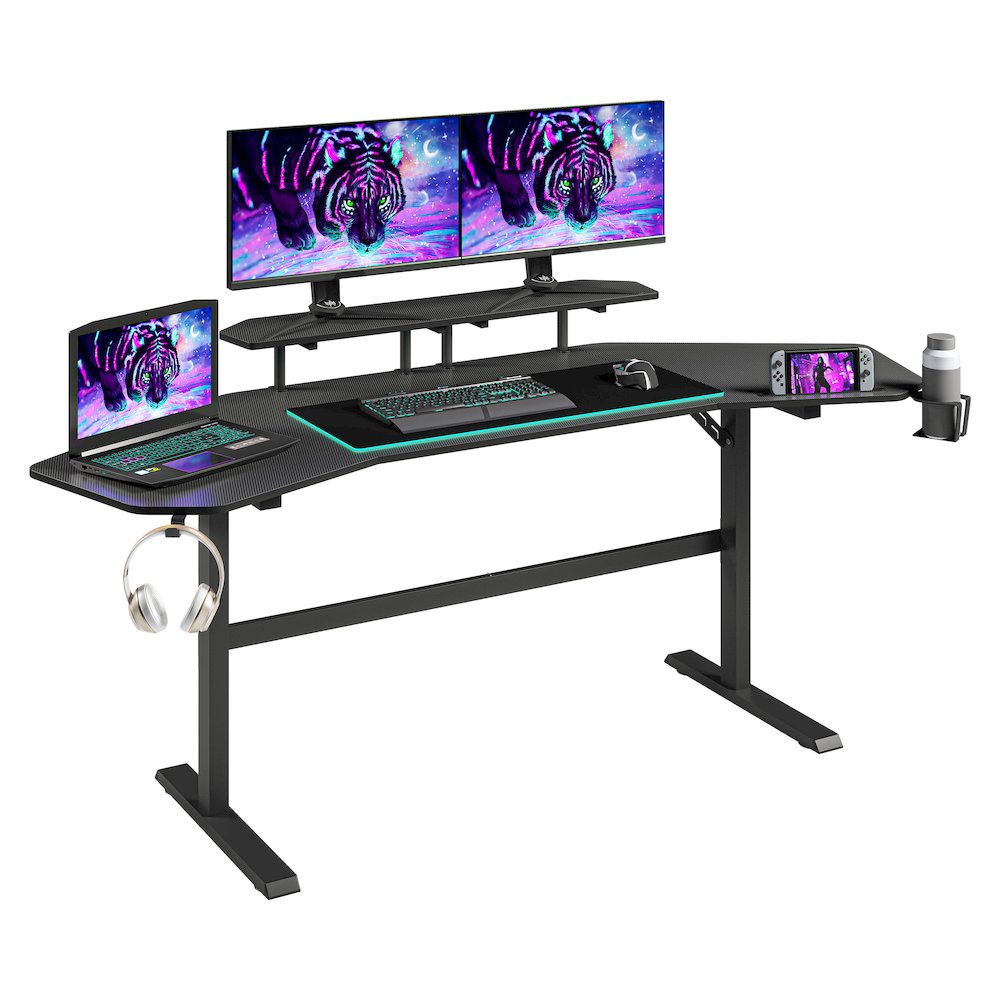 Gaming Desk with Shelves & Accessory Holder, Black. Picture 3
