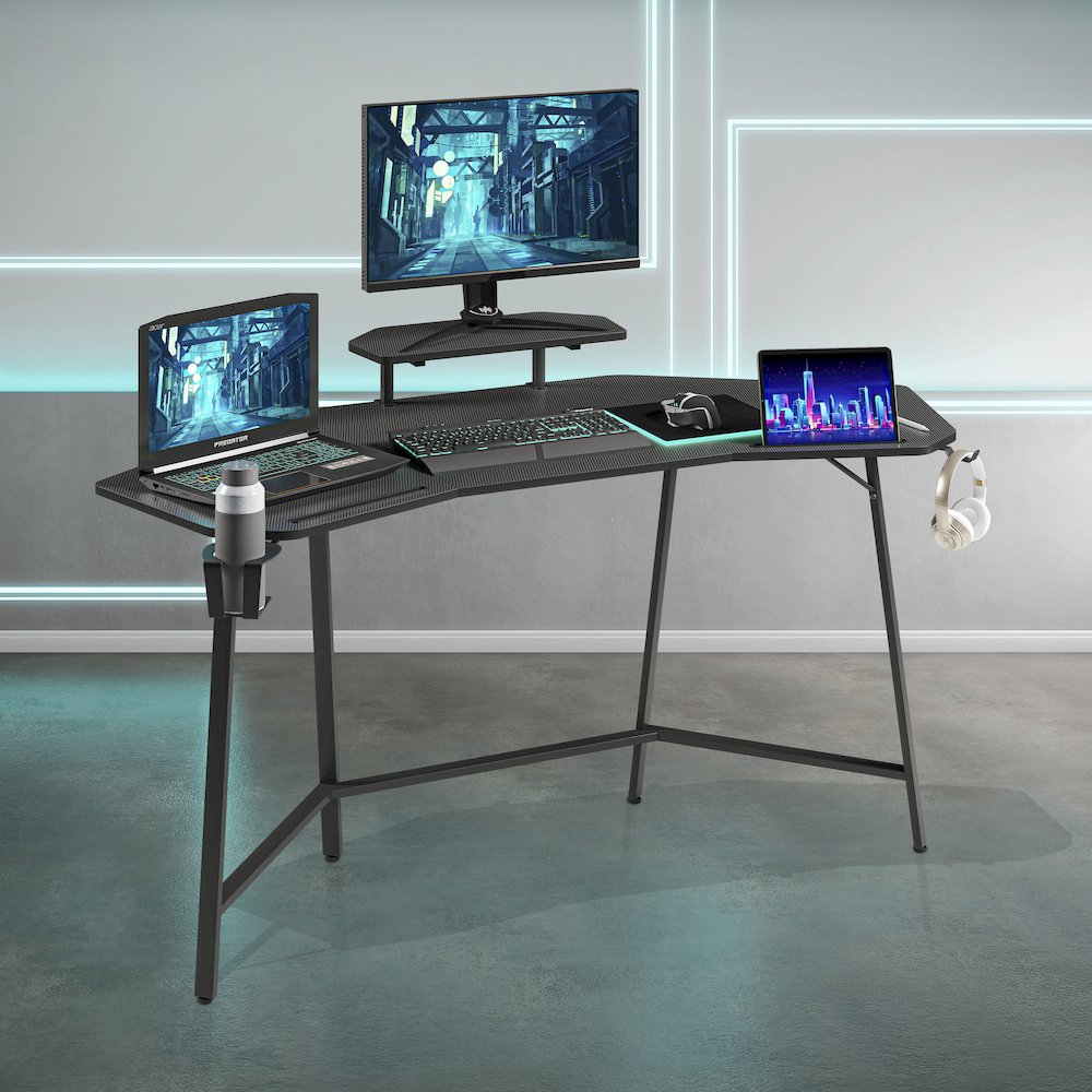 Gaming Desk with Shelf & Accessory Holders, Black. Picture 11