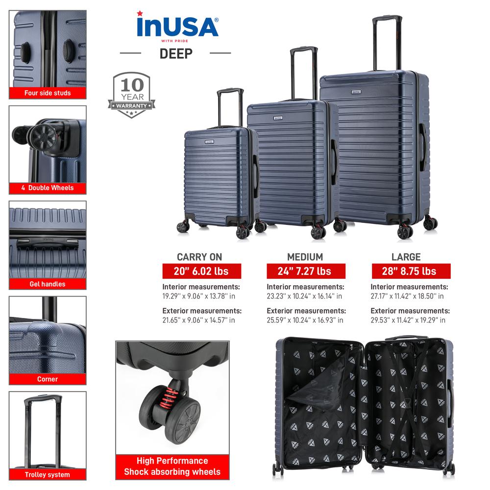 InUSA Deep lightweight hardside spinner 3 piece luggage set  20'',24'', 28'' Blue. Picture 10