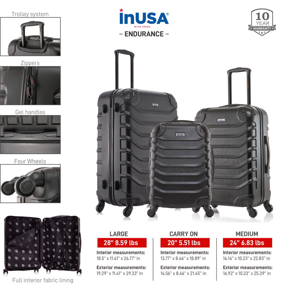 InUSA Endurance Lightweight Hardside Spinner 3 Piece Luggage set  20'',24'', 28'' Black. Picture 3