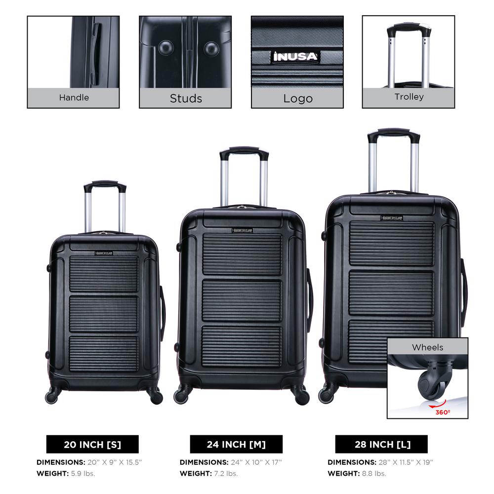 InUSA Pilot lightweight hardside spinner 3 piece Set 20”, 24", 28" Black. Picture 7