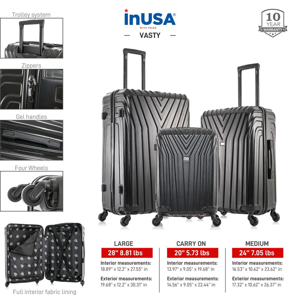 InUSA Vasty Lightweight Hardside Spinner 3 Piece Luggage set  20'',24'', 28'' Black. Picture 3