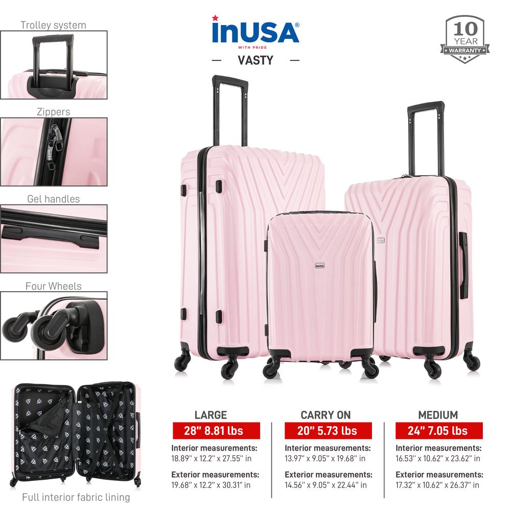 InUSA Vasty Lightweight Hardside Spinner 3 Piece Luggage set  20'',24'', 28'' Pink. Picture 3