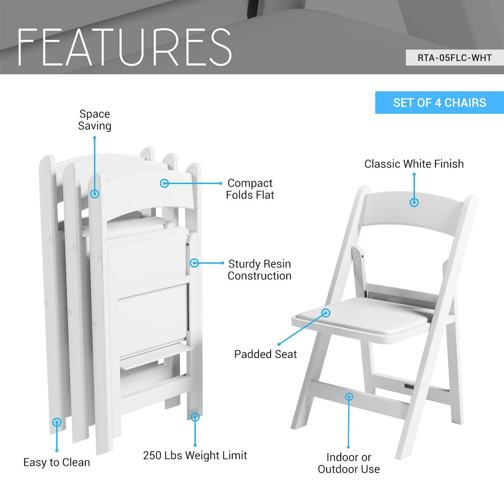 4-Pack White Resin Folding Chairs with Padded Seat. Picture 10