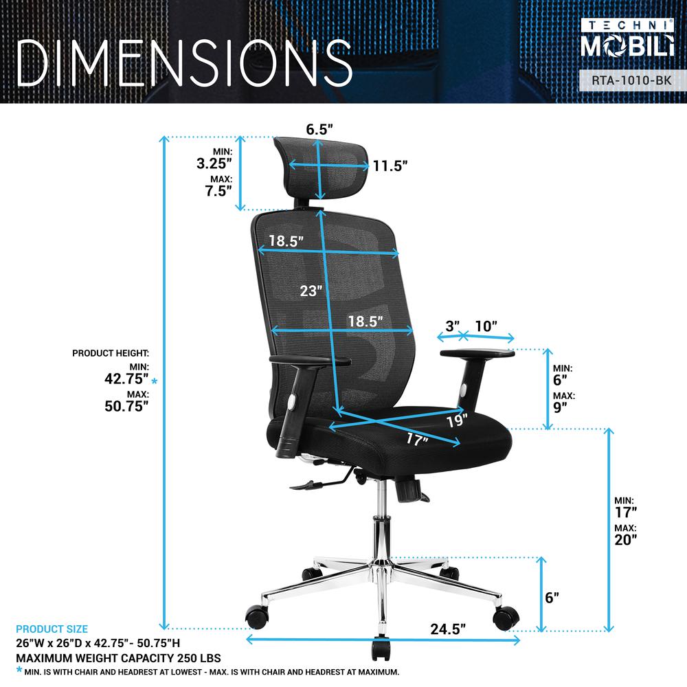 Techni Mobili High Back Executive Mesh Office Chair with Arms, Lumbar Support and Chrome Base, Black. Picture 6
