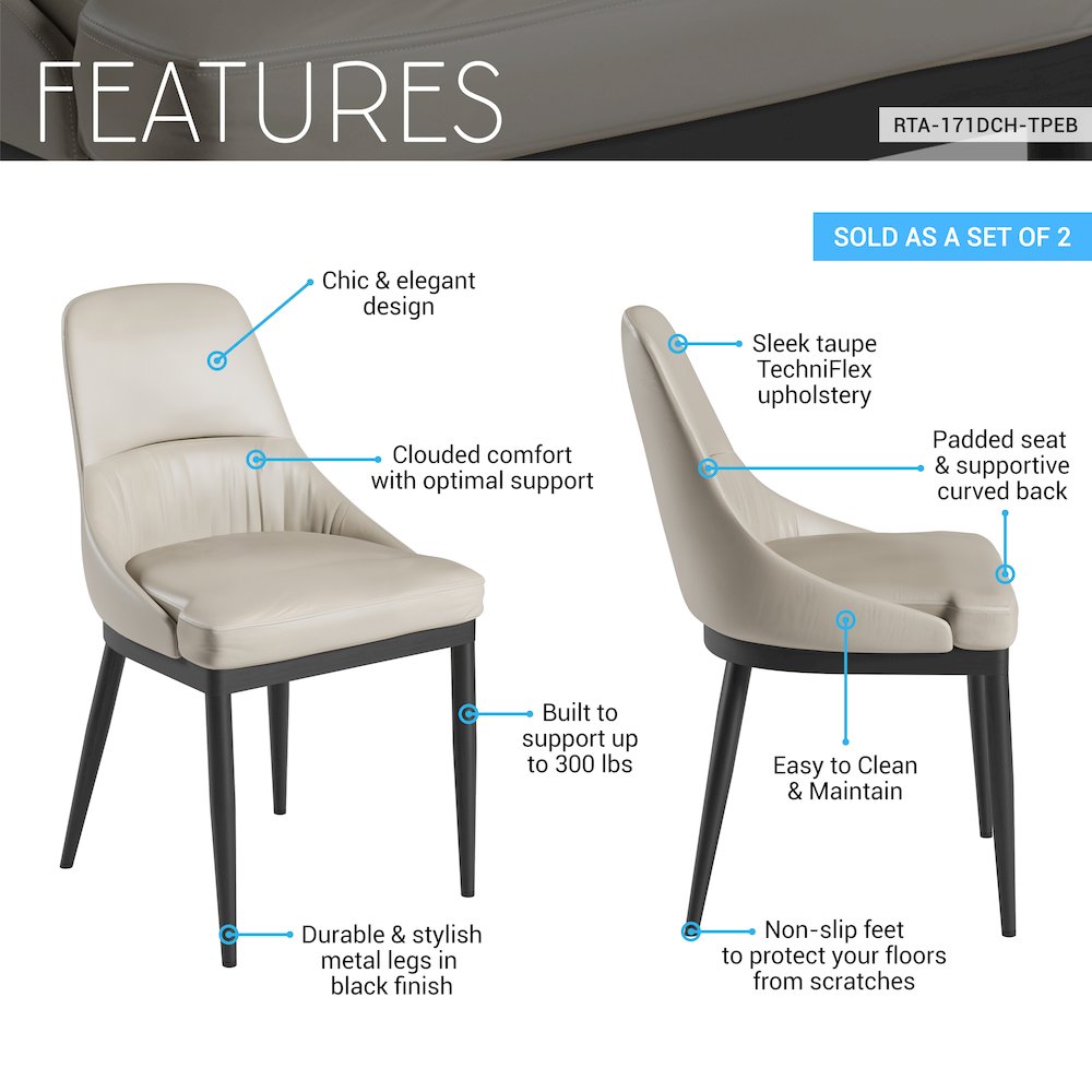 Armless Taupe Dining Chairs with Black Legs - Set of 2. Picture 7
