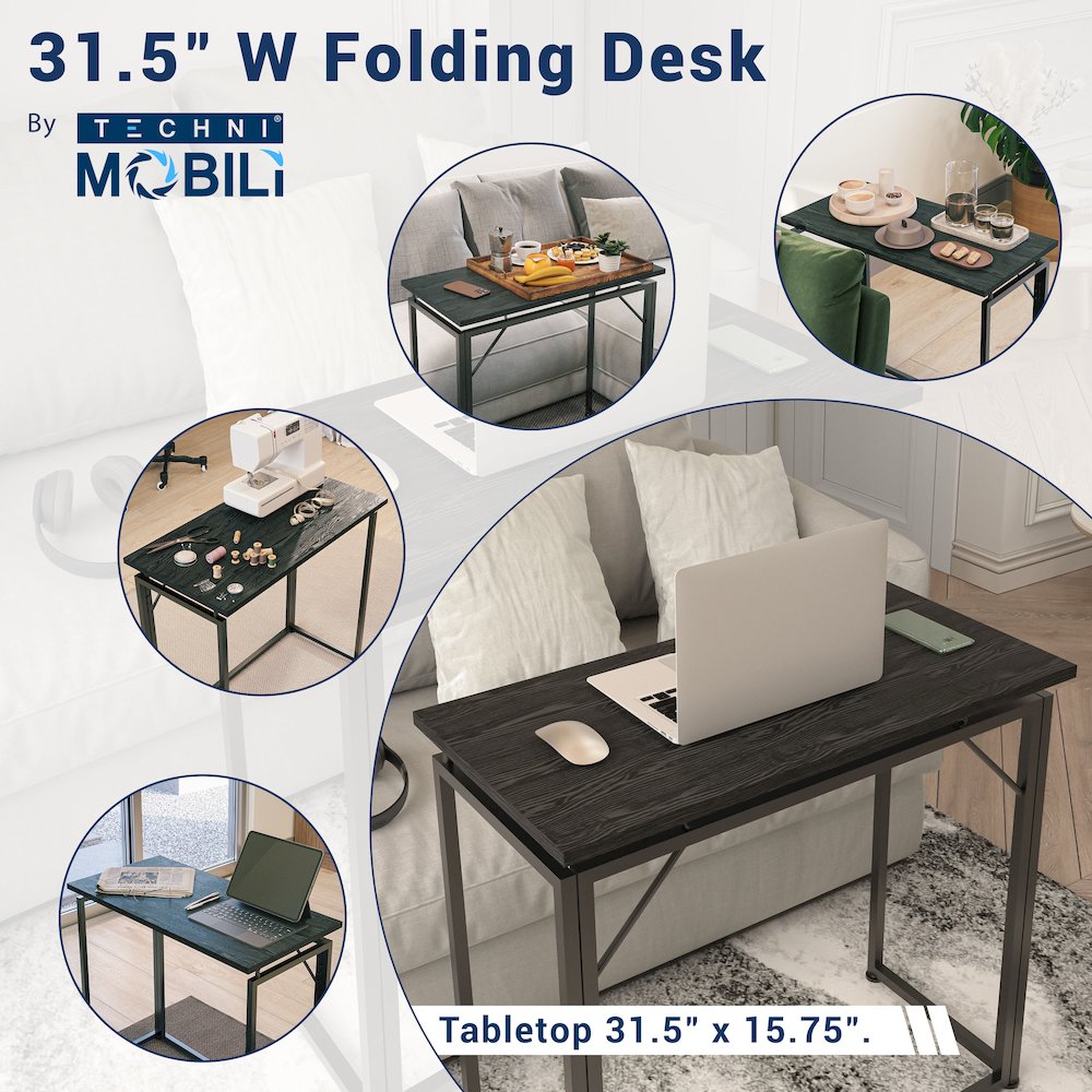 31.5” Folding Desk for Small Spaces, No Assembly Required, Black. Picture 17