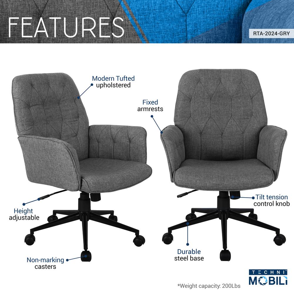 Techni Mobili Modern Upholstered Tufted Office Chair with Arms, Grey. Picture 10