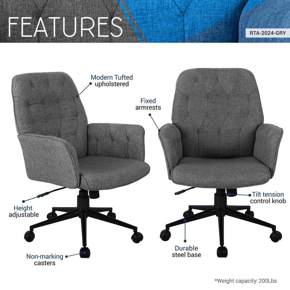 Techni Mobili Modern Upholstered Tufted Office Chair with Arms, Grey. Picture 7