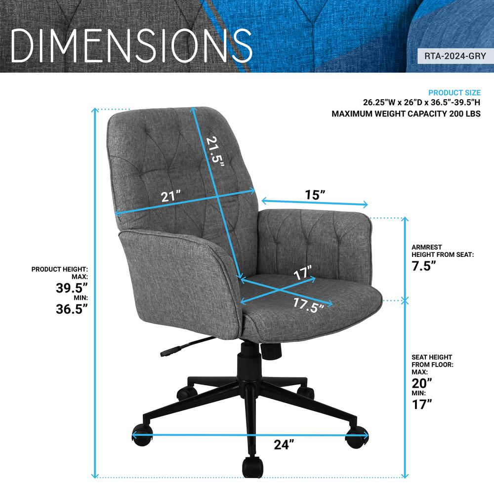 Techni Mobili Modern Upholstered Tufted Office Chair with Arms, Grey. Picture 8