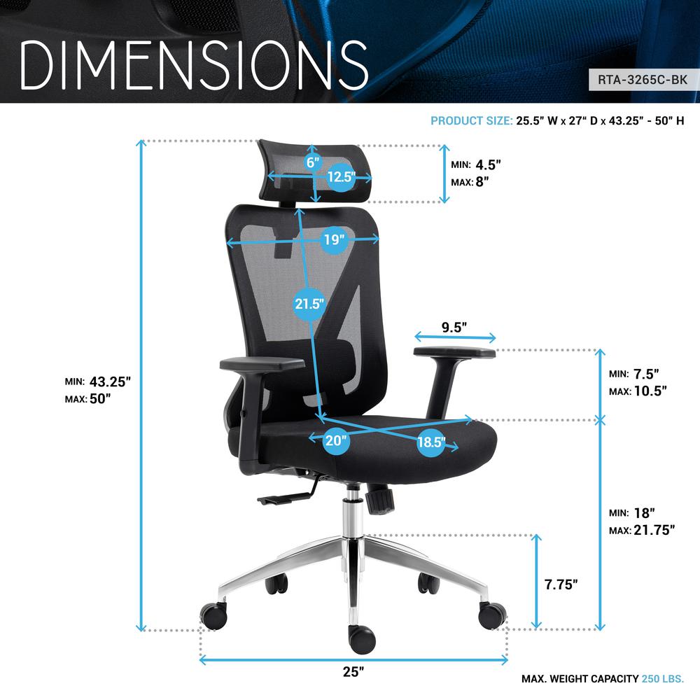 Truly Ergonomic Mesh Office Chair with Headrest & Lumbar Support, Black. Picture 10