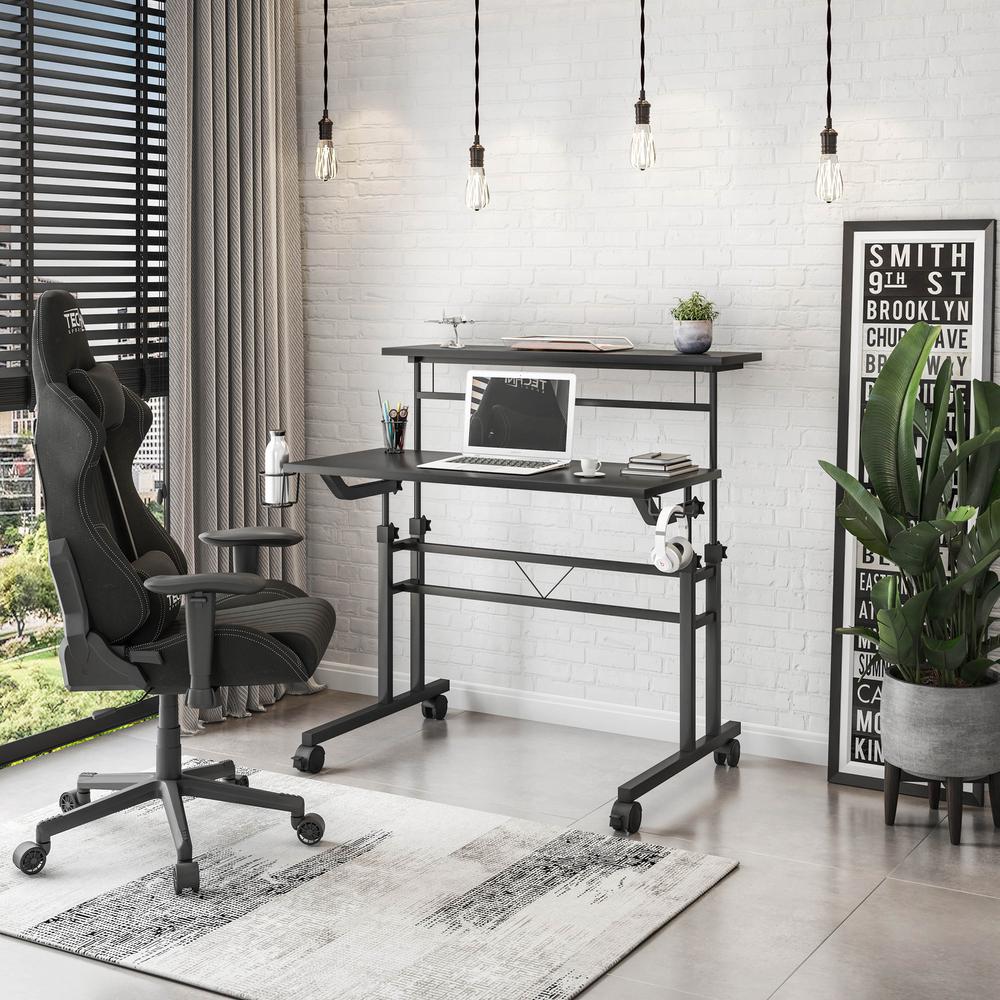 Rolling Writing Desk with Height Adjustable Desktop and Moveable Shelf, Black. Picture 12