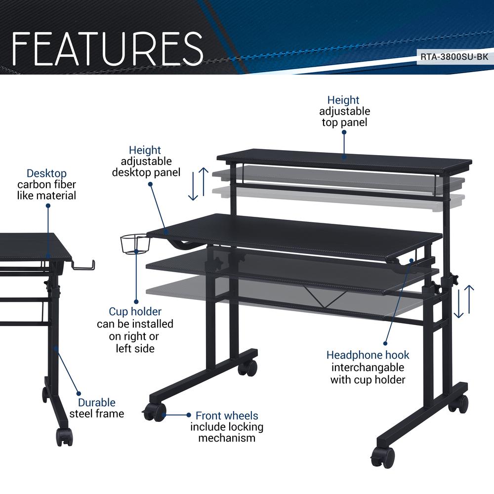 Rolling Writing Desk with Height Adjustable Desktop and Moveable Shelf, Black. Picture 8