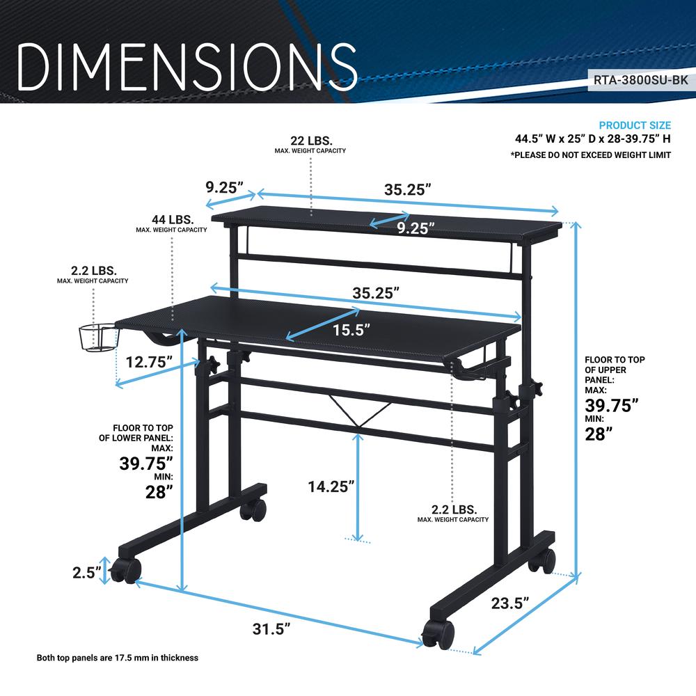 Rolling Writing Desk with Height Adjustable Desktop and Moveable Shelf, Black. Picture 9