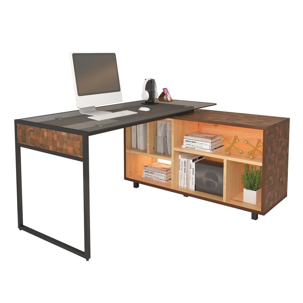 Techni Mobili L-Shape Corner Desk with Multiple Storage, Oak. Picture 3