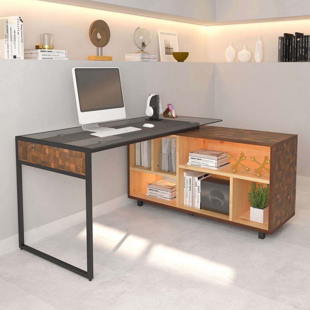 Techni Mobili L-Shape Corner Desk with Multiple Storage, Oak. Picture 5