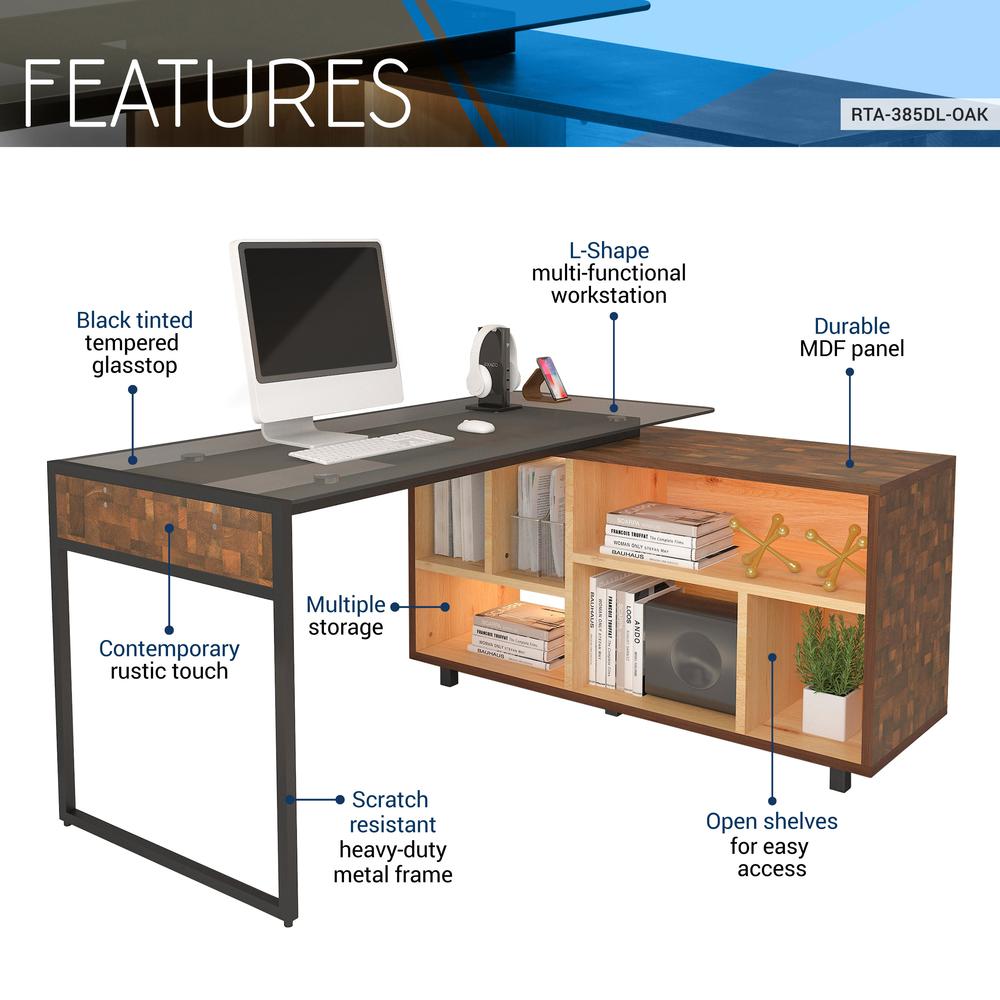 Techni Mobili L-Shape Corner Desk with Multiple Storage, Oak. Picture 6
