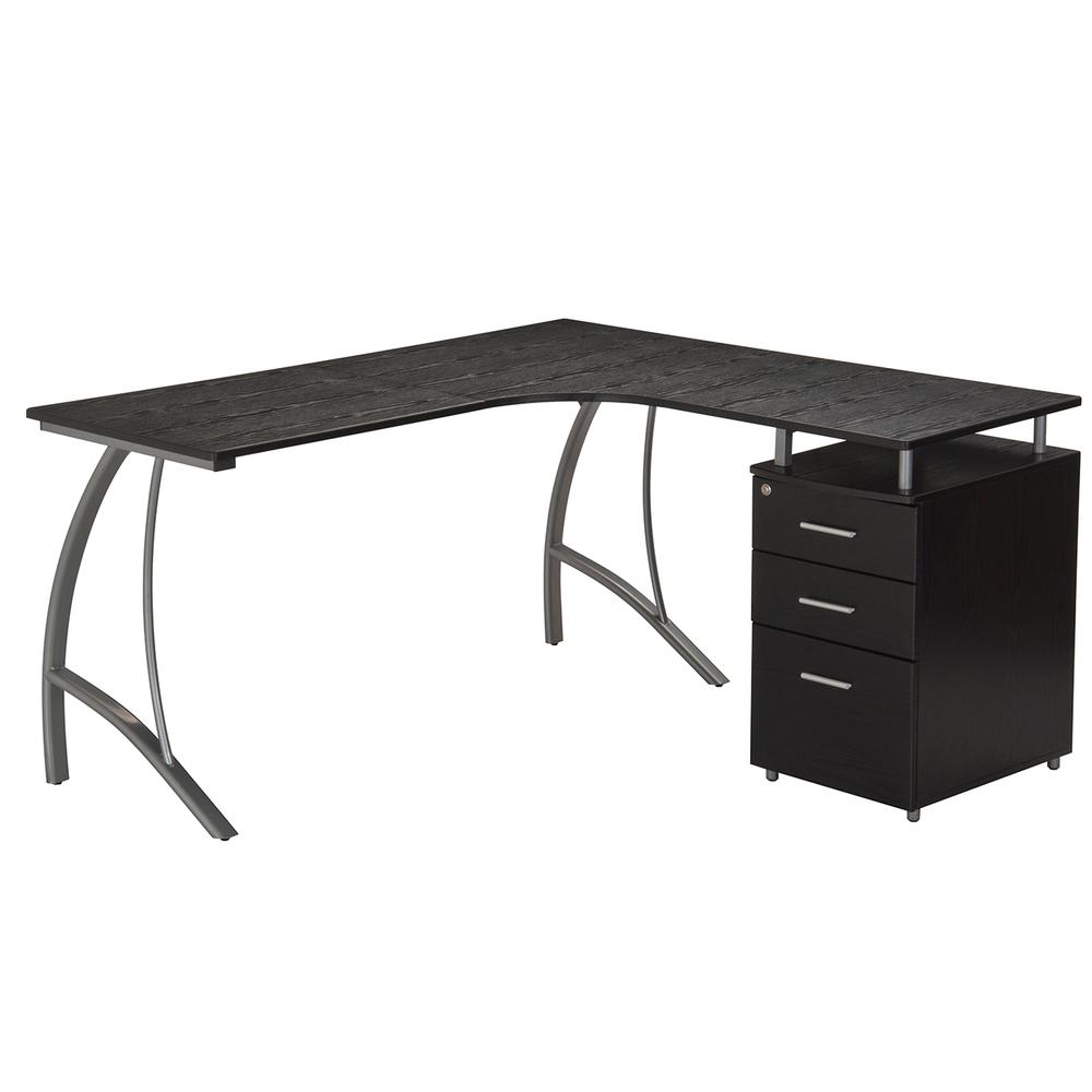 Modern L- Shaped Computer Desk with File Cabinet and Storage. Color: Espresso. Picture 1