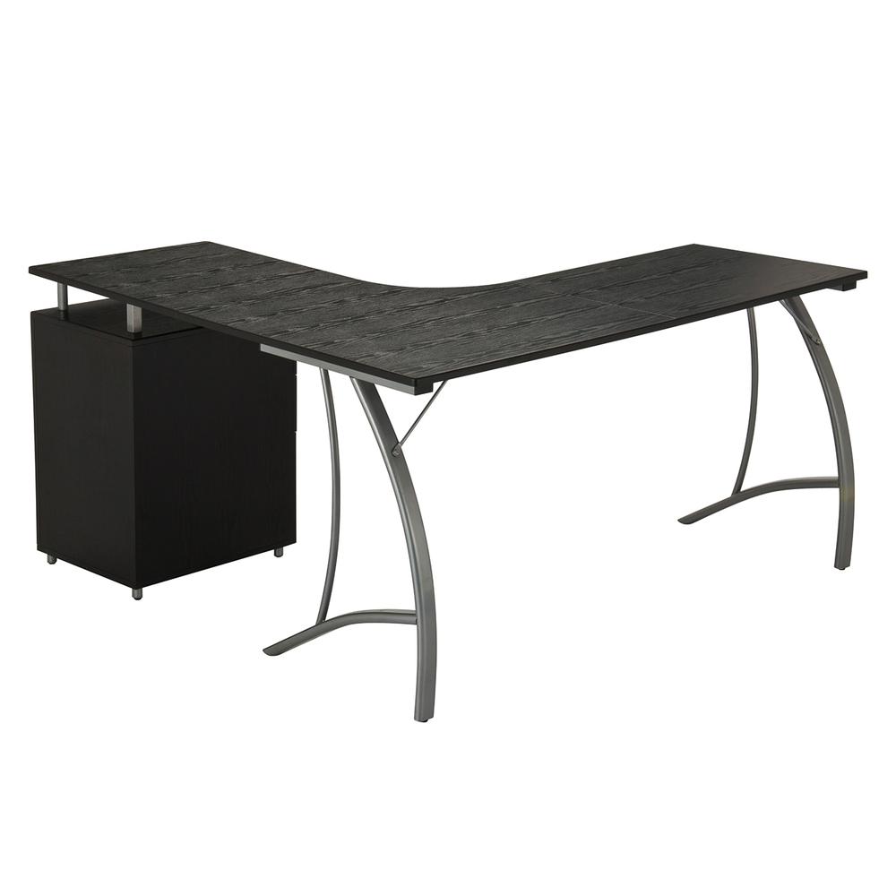 Modern L- Shaped Computer Desk with File Cabinet and Storage. Color: Espresso. Picture 3