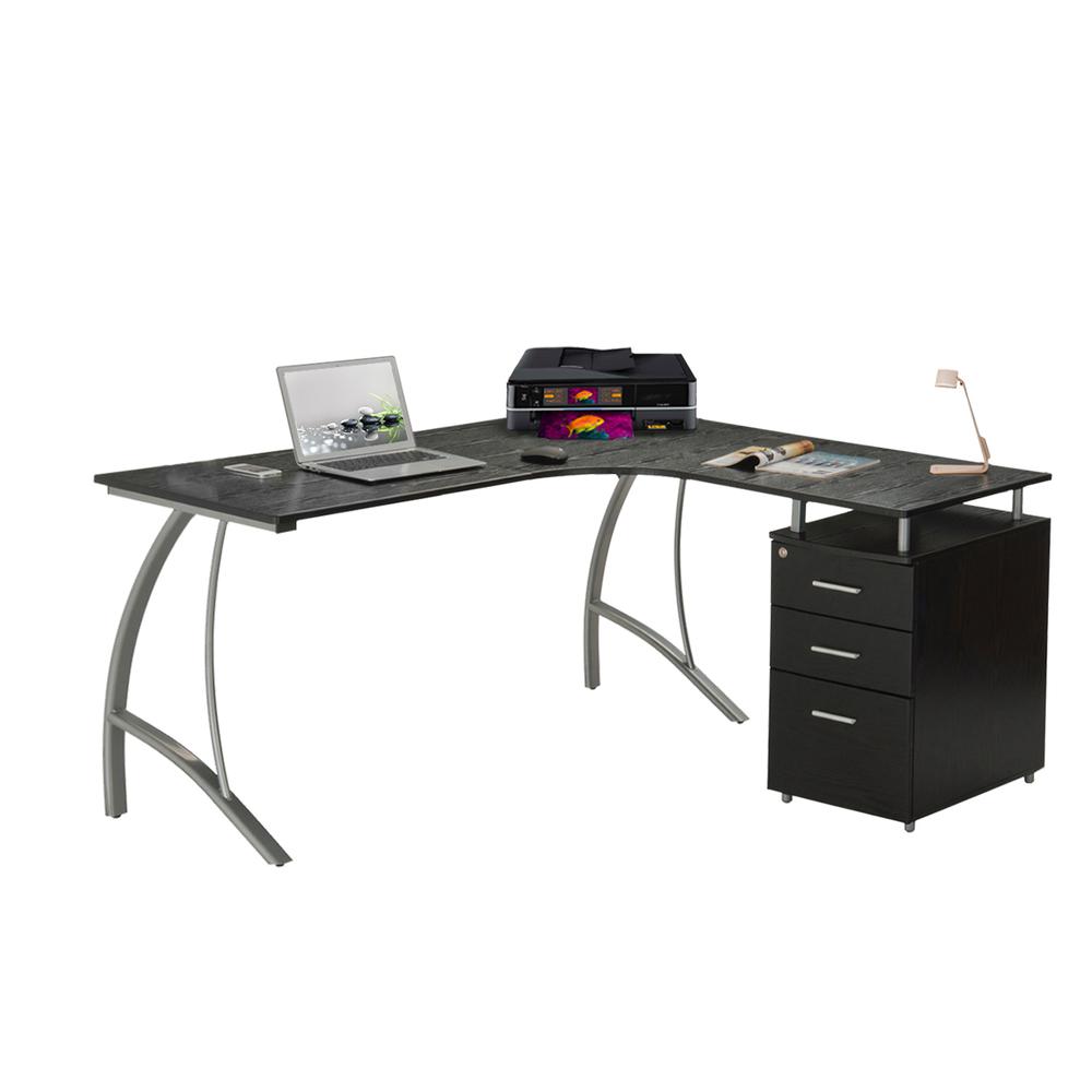 Modern L- Shaped Computer Desk with File Cabinet and Storage. Color: Espresso. Picture 2