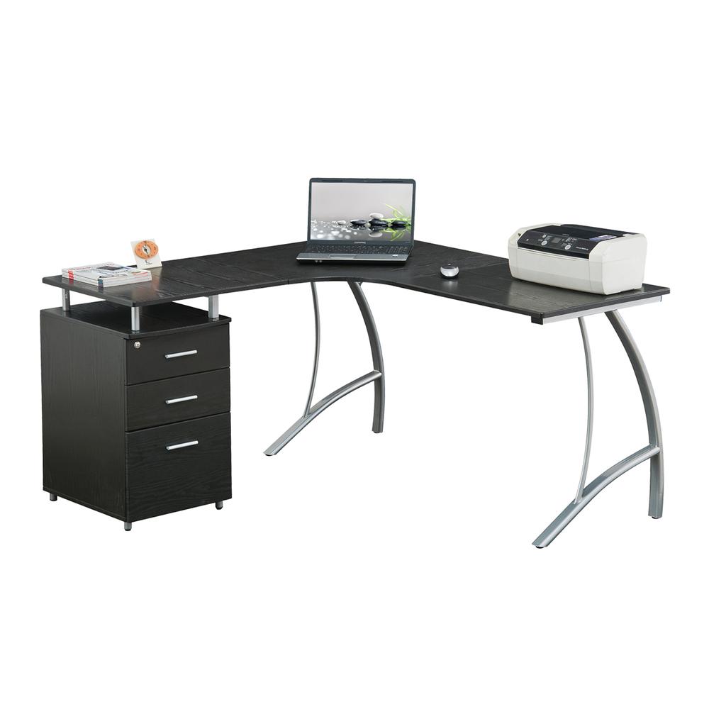 Modern L- Shaped Computer Desk with File Cabinet and Storage. Color: Espresso. Picture 5