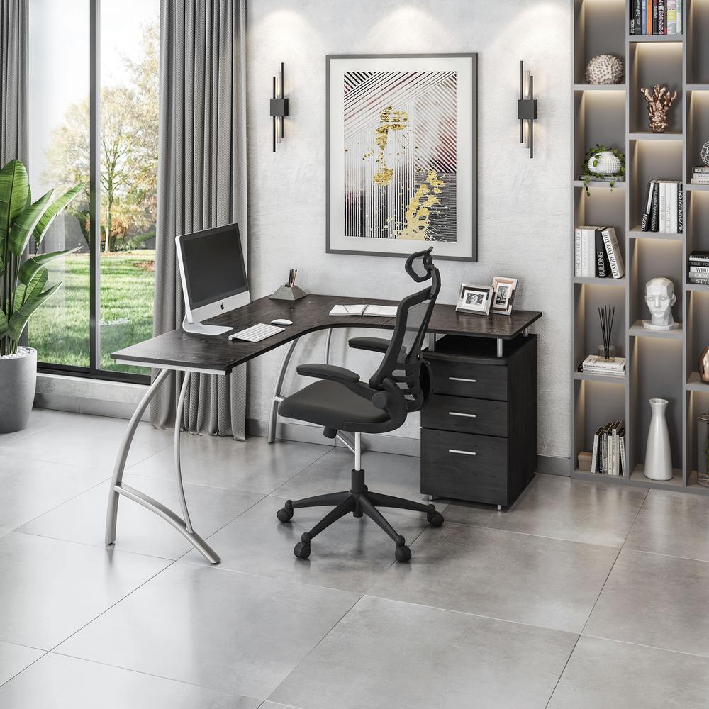 Modern L- Shaped Computer Desk with File Cabinet and Storage. Color: Espresso. Picture 4