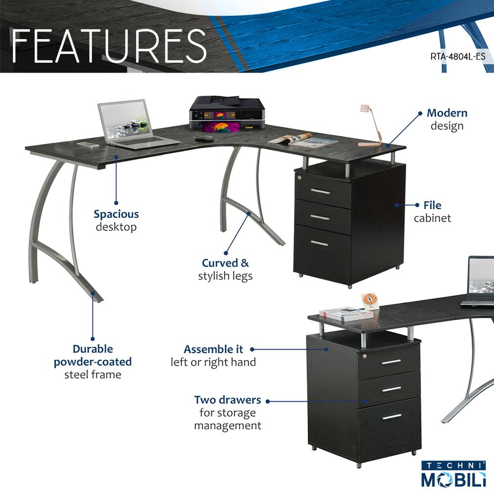 Modern L- Shaped Computer Desk with File Cabinet and Storage. Color: Espresso. Picture 6