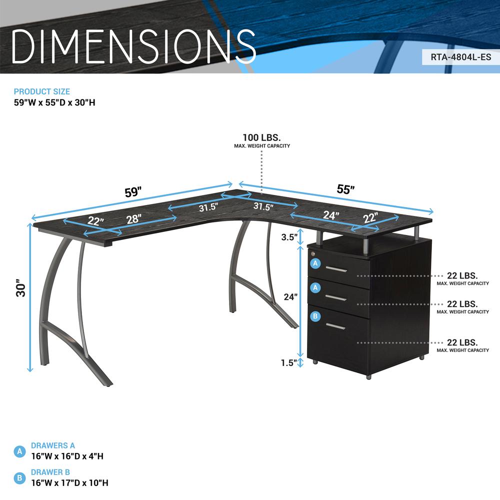 Modern L- Shaped Computer Desk with File Cabinet and Storage. Color: Espresso. Picture 7
