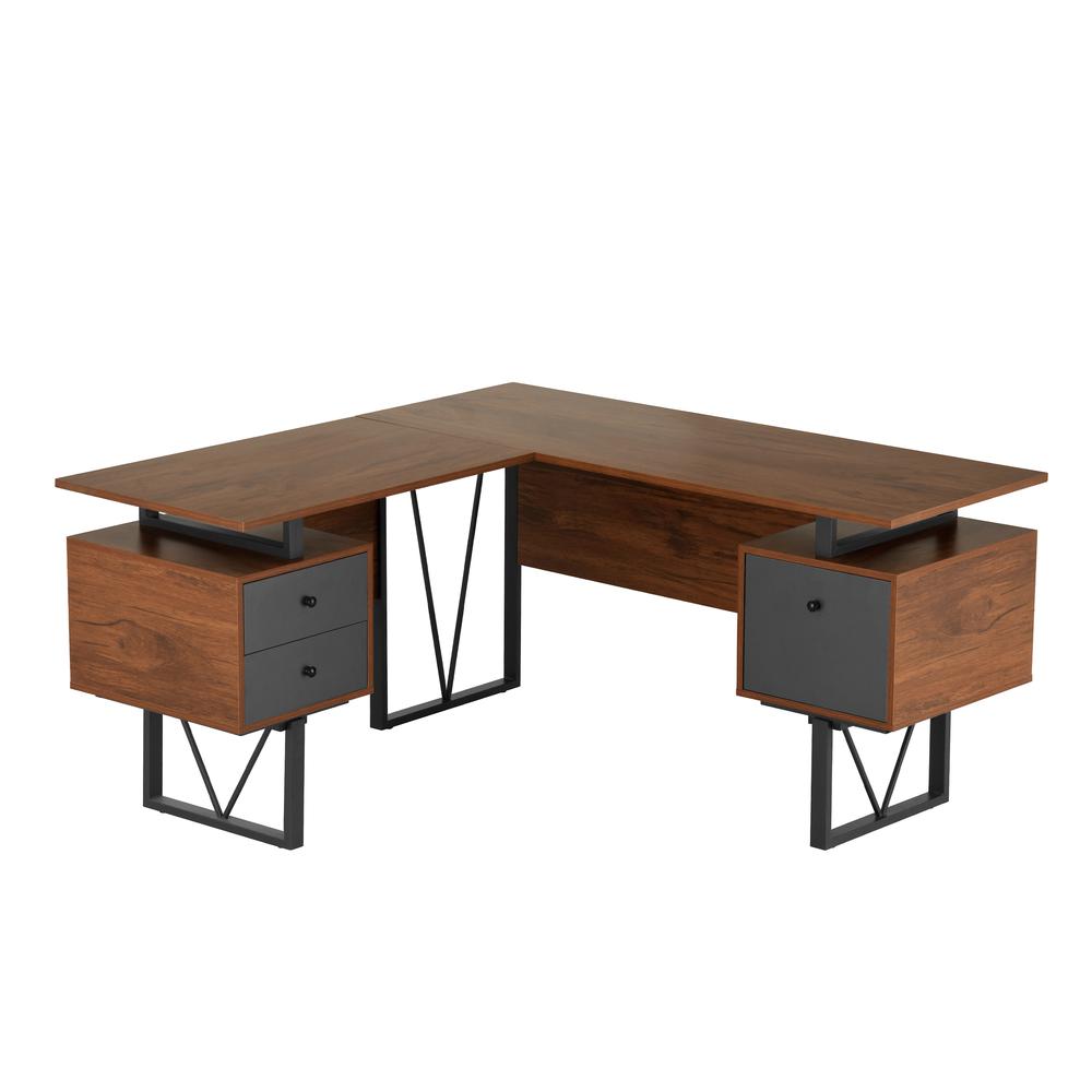 Techni Mobili Reversible L-Shape Computer Desk, Drawers and File Cabinet, Walnut. Picture 1