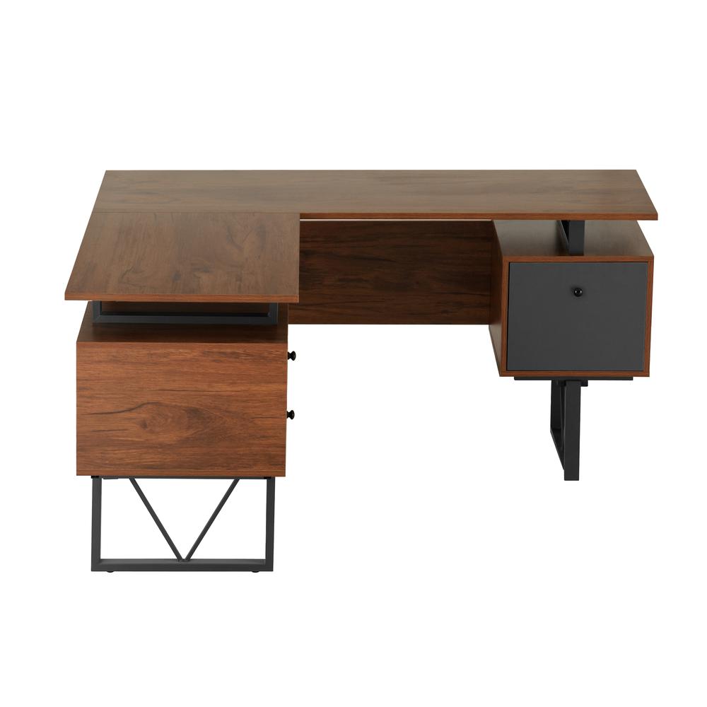 Techni Mobili Reversible L-Shape Computer Desk, Drawers and File Cabinet, Walnut. Picture 2