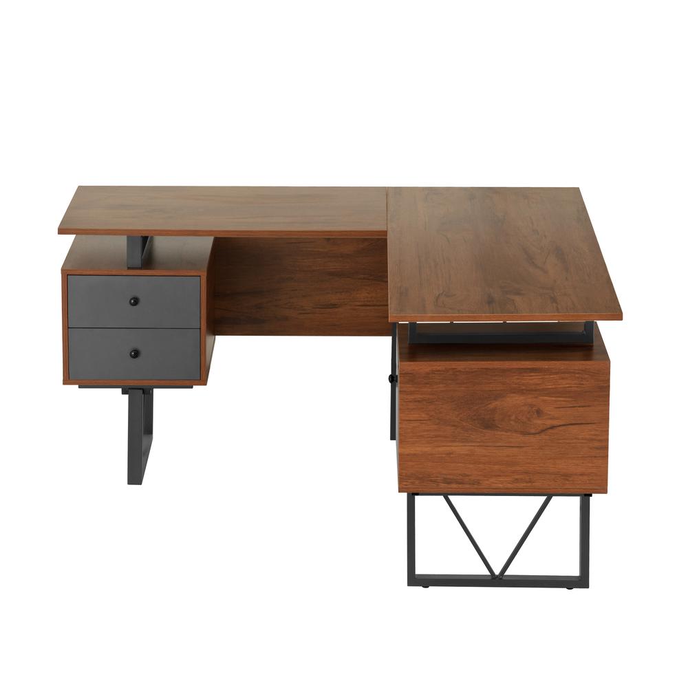 Techni Mobili Reversible L-Shape Computer Desk, Drawers and File Cabinet, Walnut. Picture 3