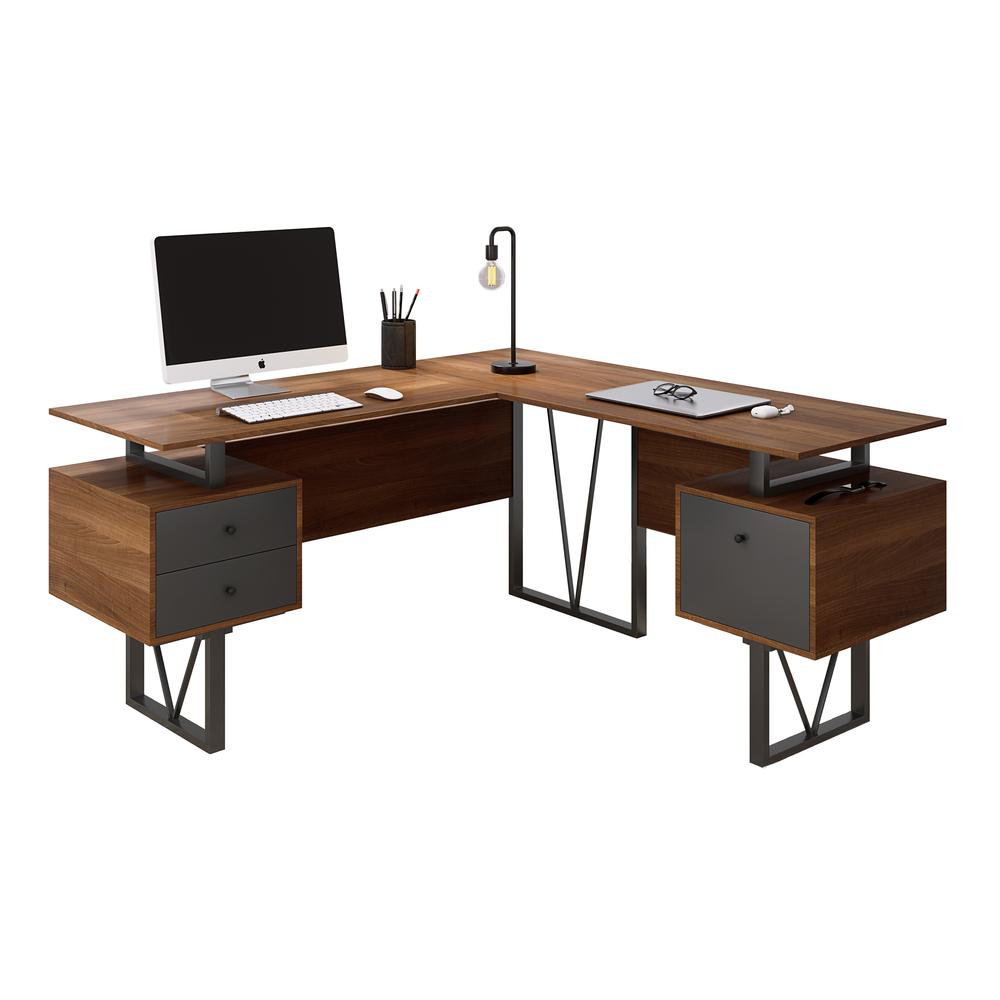 Techni Mobili Reversible L-Shape Computer Desk, Drawers and File Cabinet, Walnut. Picture 4