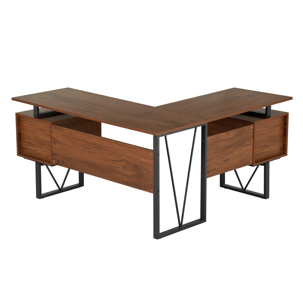 Techni Mobili Reversible L-Shape Computer Desk, Drawers and File Cabinet, Walnut. Picture 5
