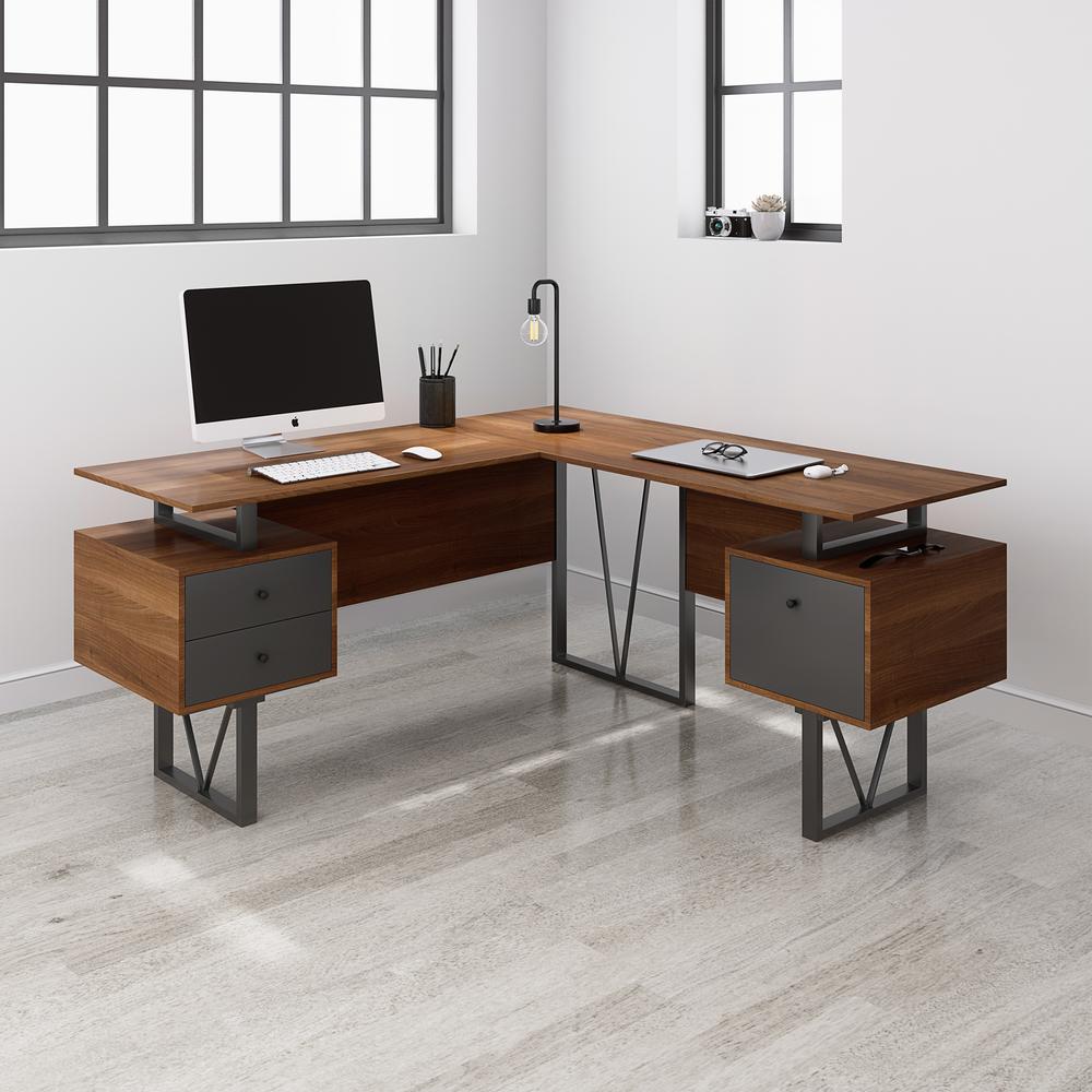 Techni Mobili Reversible L-Shape Computer Desk, Drawers and File Cabinet, Walnut. Picture 6