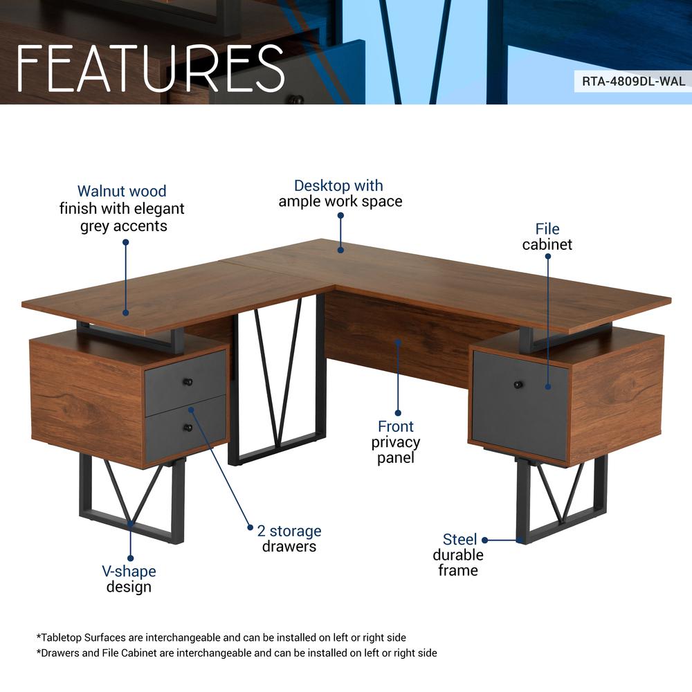 Techni Mobili Reversible L-Shape Computer Desk, Drawers and File Cabinet, Walnut. Picture 7