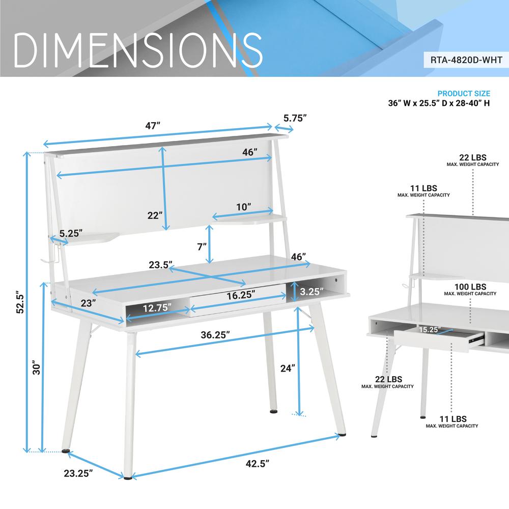 Techni Mobili Study Computer Desk with Storage & Magnetic Dry Erase White Board, White. Picture 10