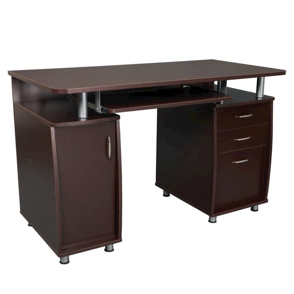 Brown Home Office Desk with Storage 2 Drawers, Keyboard Shelf, 2 Cabinets. Picture 5
