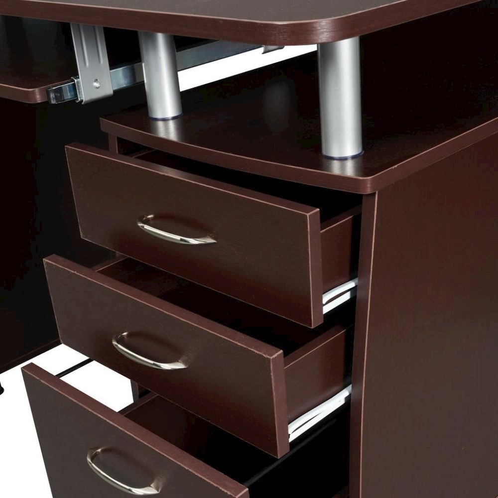 Brown Home Office Desk with Storage 2 Drawers, Keyboard Shelf, 2 Cabinets. Picture 10