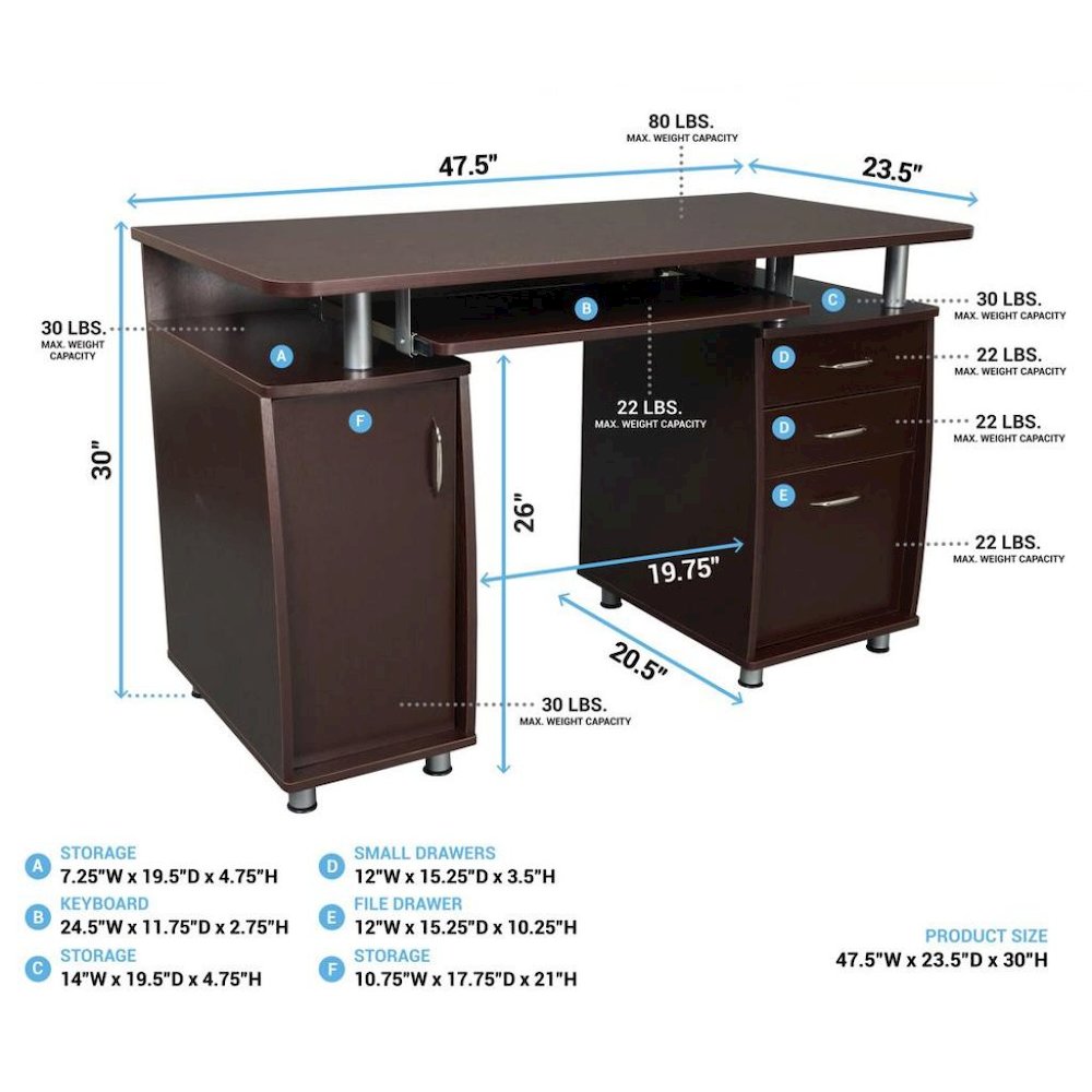 Brown Home Office Desk with Storage 2 Drawers, Keyboard Shelf, 2 Cabinets. Picture 11