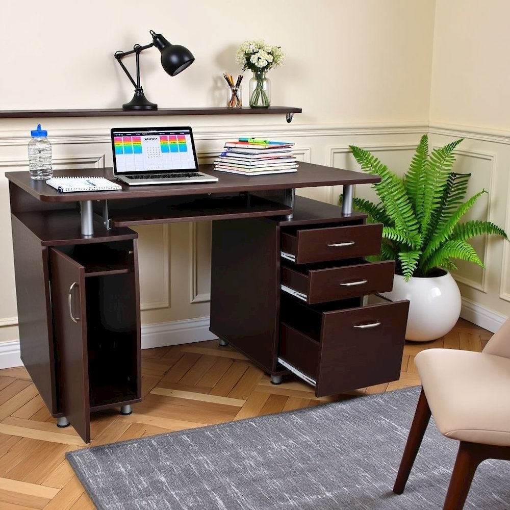 Brown Home Office Desk with Storage 2 Drawers, Keyboard Shelf, 2 Cabinets. Picture 3
