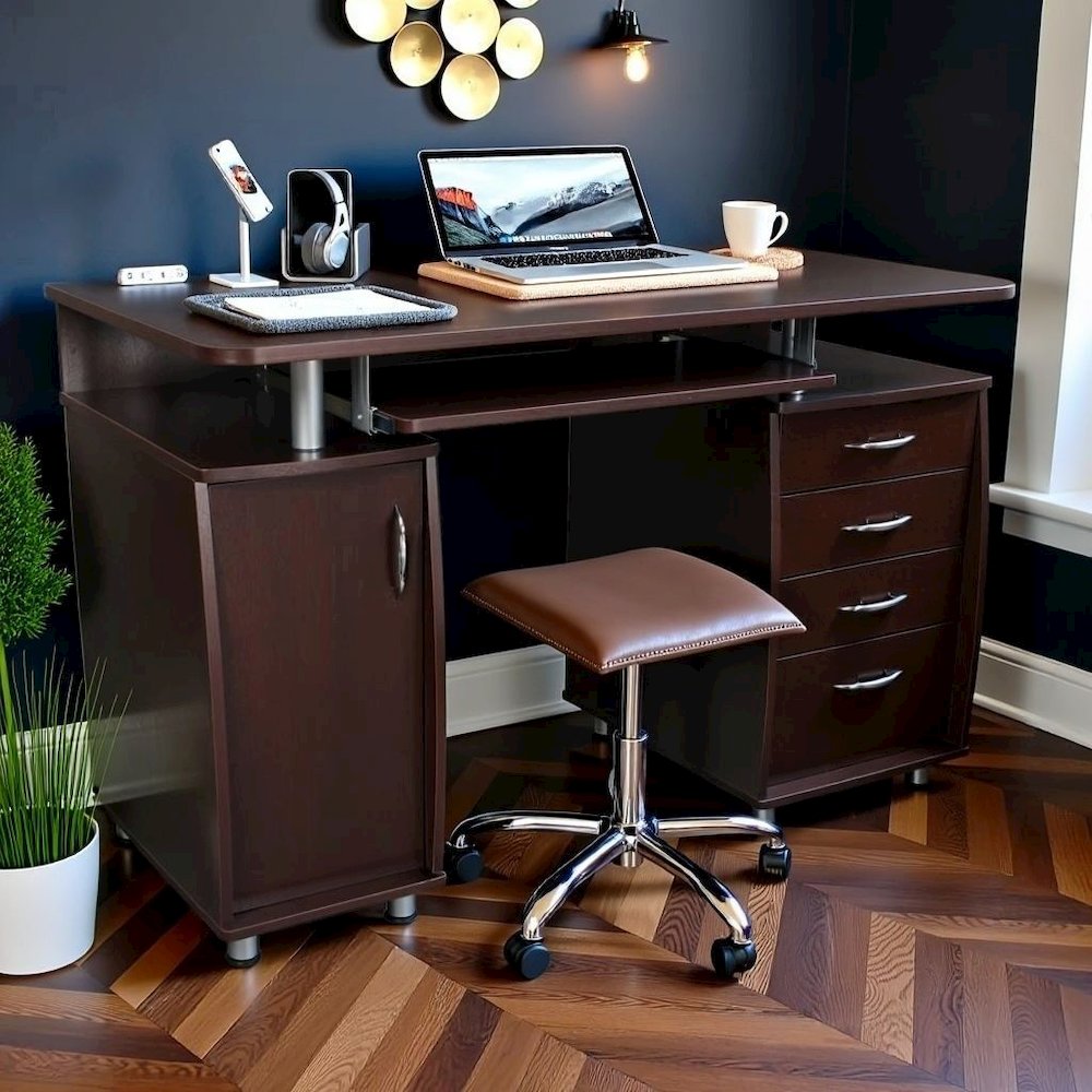 Brown Home Office Desk with Storage 2 Drawers, Keyboard Shelf, 2 Cabinets. Picture 2
