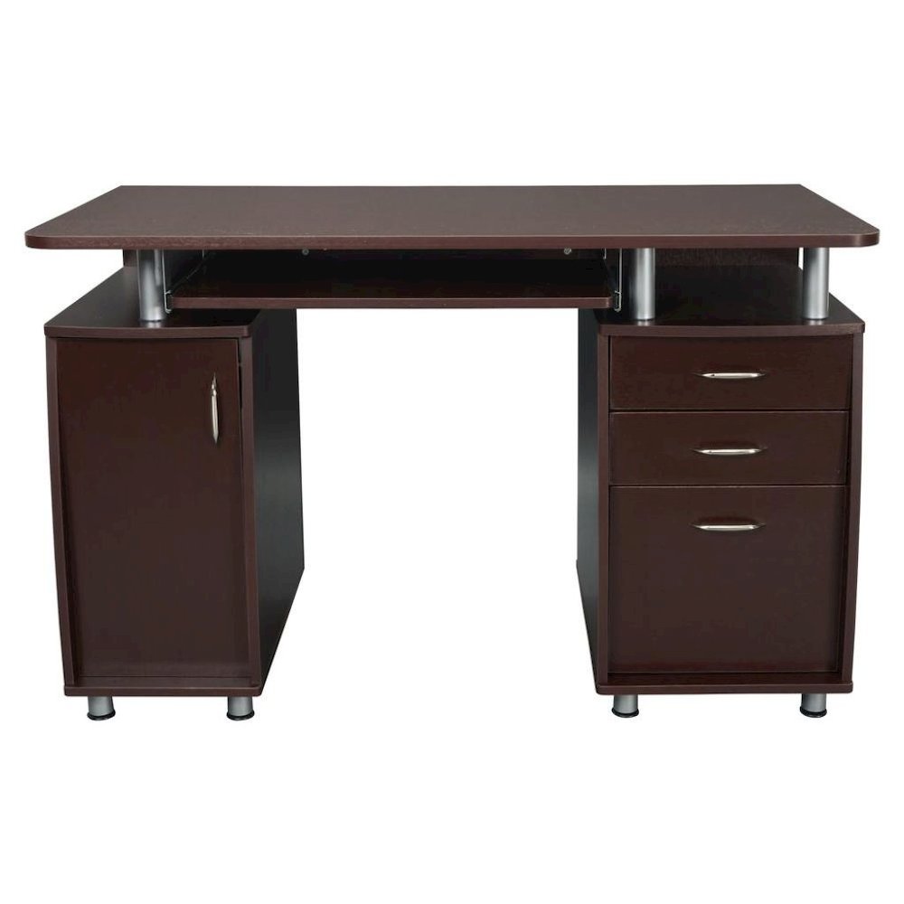 Brown Home Office Desk with Storage 2 Drawers, Keyboard Shelf, 2 Cabinets. Picture 4