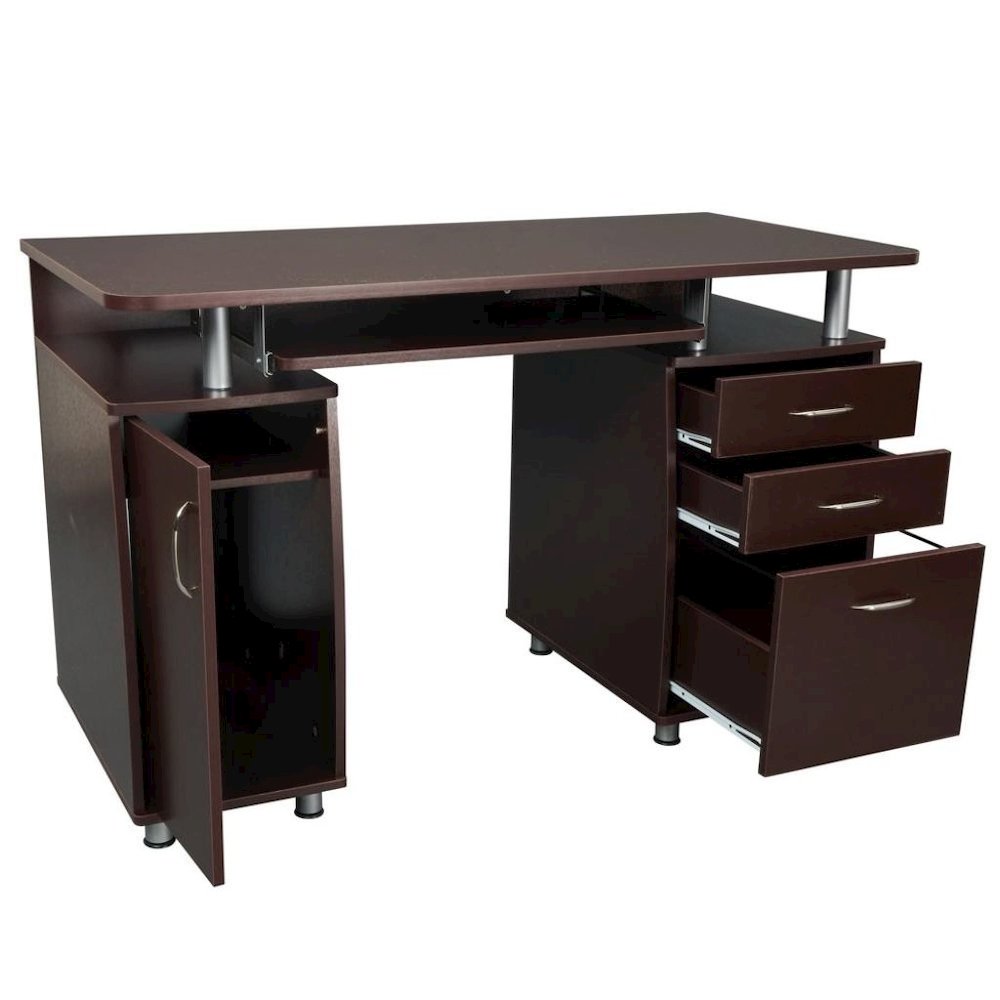 Brown Home Office Desk with Storage 2 Drawers, Keyboard Shelf, 2 Cabinets. Picture 6