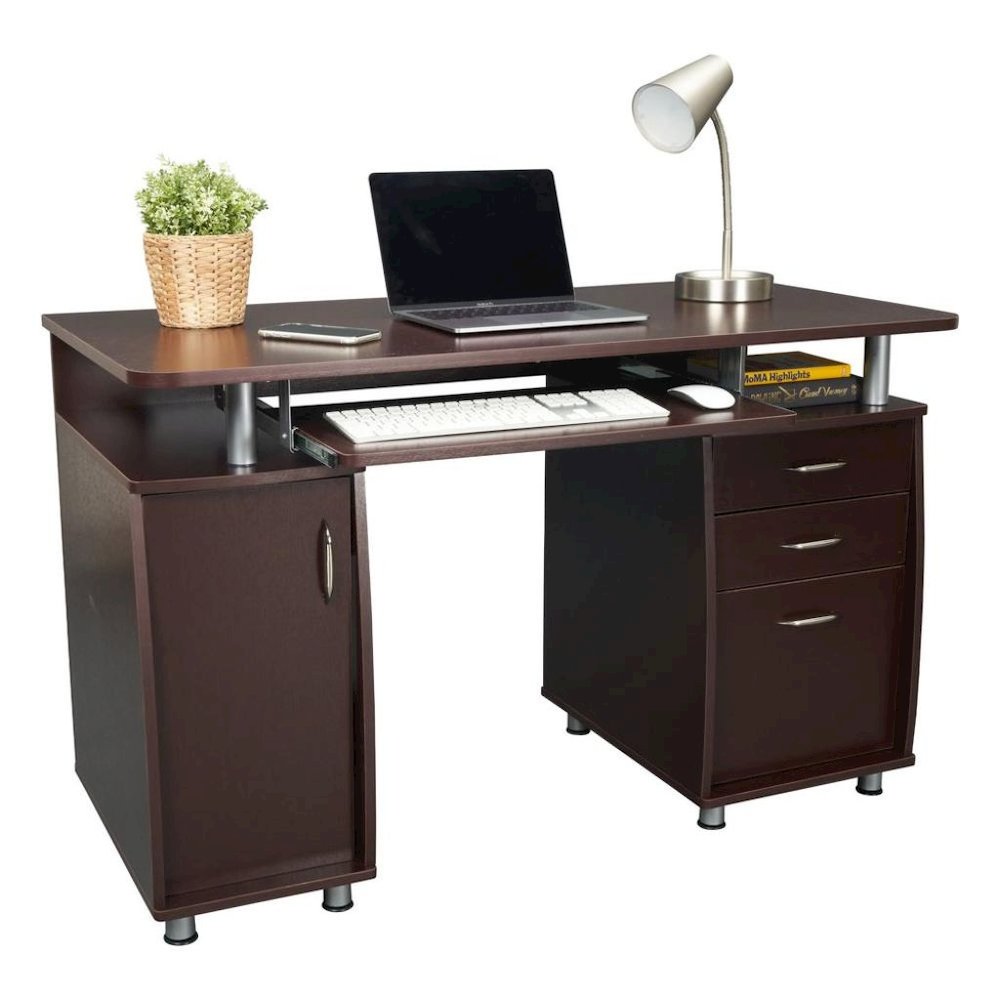 Brown Home Office Desk with Storage 2 Drawers, Keyboard Shelf, 2 Cabinets. Picture 1