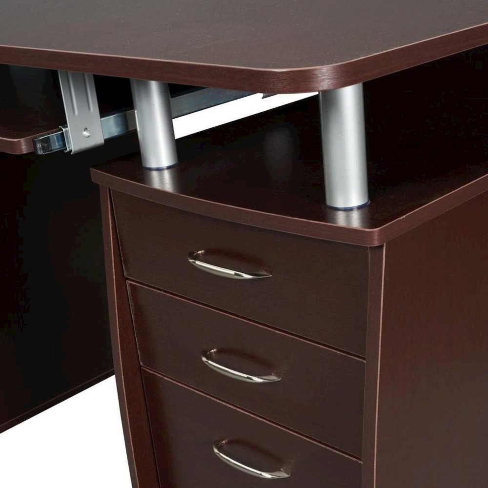 Brown Home Office Desk with Storage 2 Drawers, Keyboard Shelf, 2 Cabinets. Picture 9