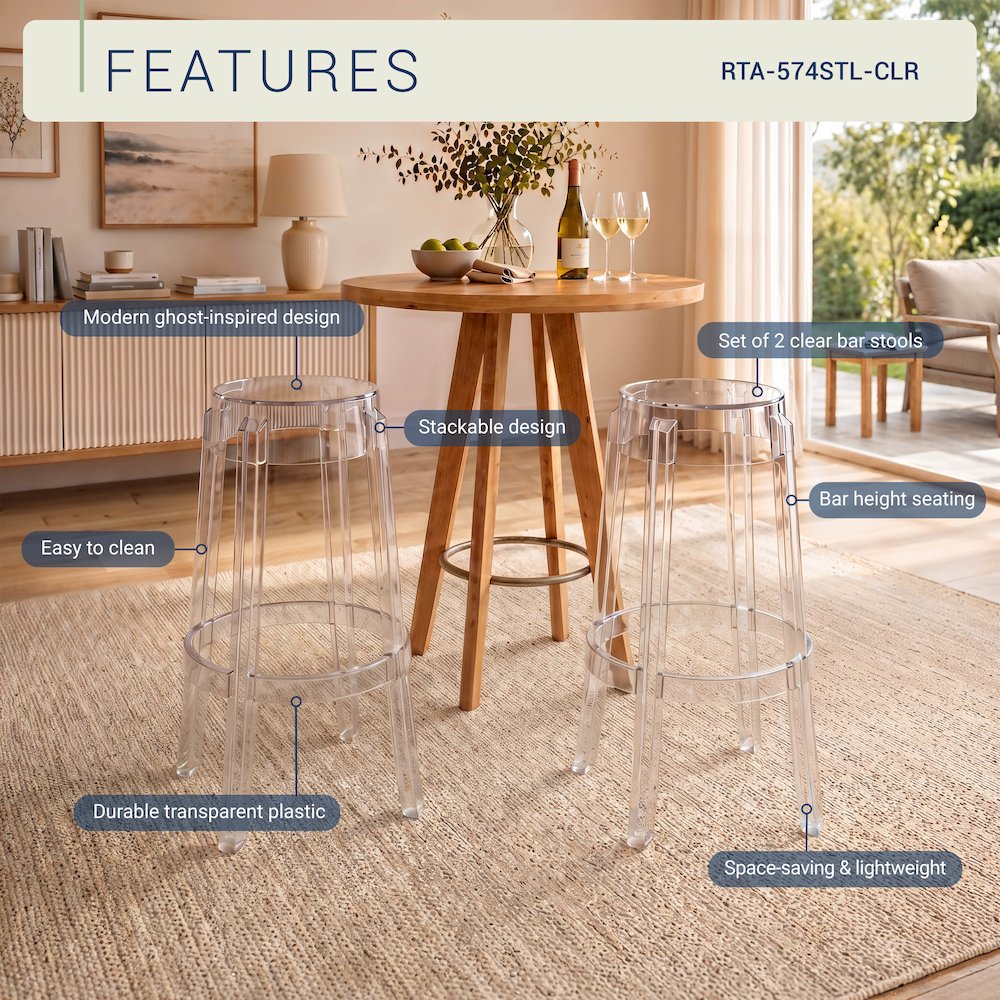 Clear Acrylic Bar Stools Set of 2, Modern Transparent Bar Height Stools. Picture 6
