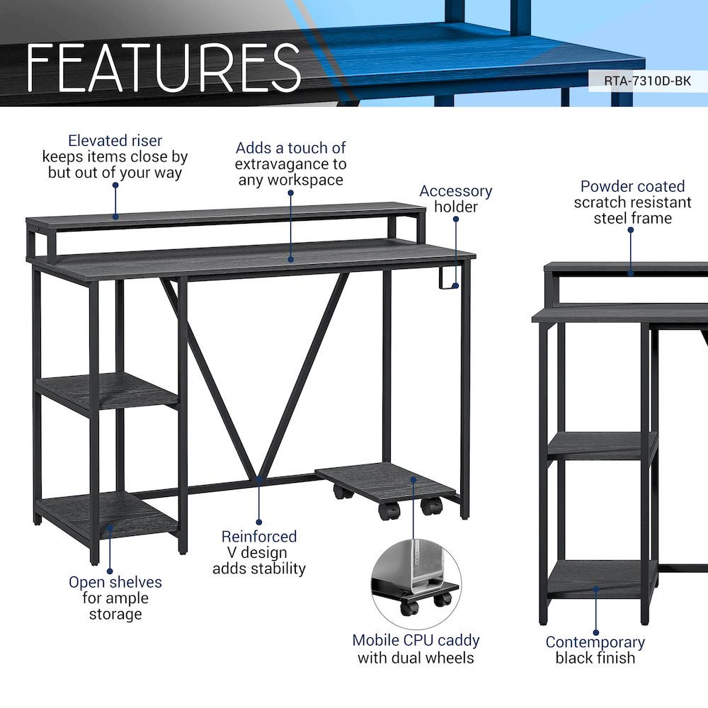 Techni Mobili Industrial Writing Desk, Black. Picture 6