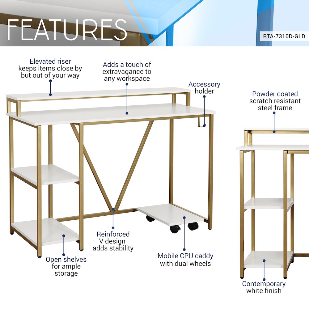 Techni Mobili Industrial Writing Desk, Gold. Picture 6