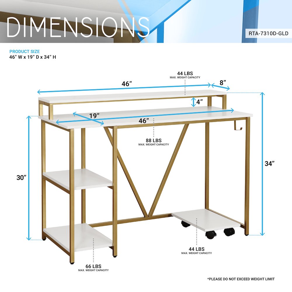 Techni Mobili Industrial Writing Desk, Gold. Picture 7