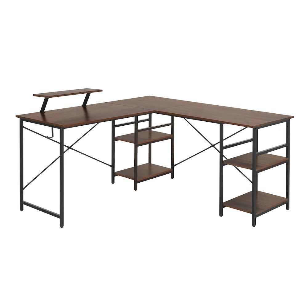 Techni Mobili L-Shape Industrial Desk with storage shelves, Walnut. Picture 1